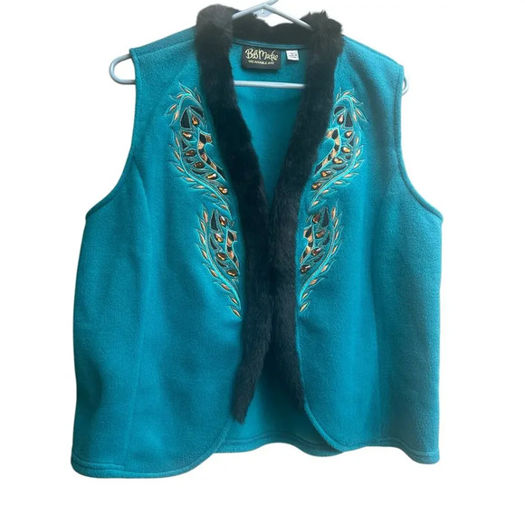 Bob Mackie Embroidered Fleece Vest Faux Fur Trim Size L Teal - Picture 1 of 6